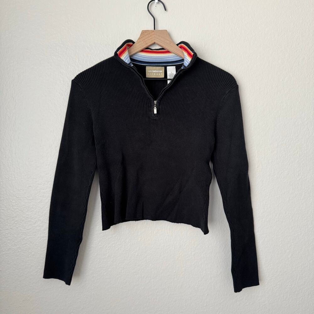 Vintage Y2K Liz Claiborne Womens Navy Quarter Zip Cropped Rib Top Size Medium